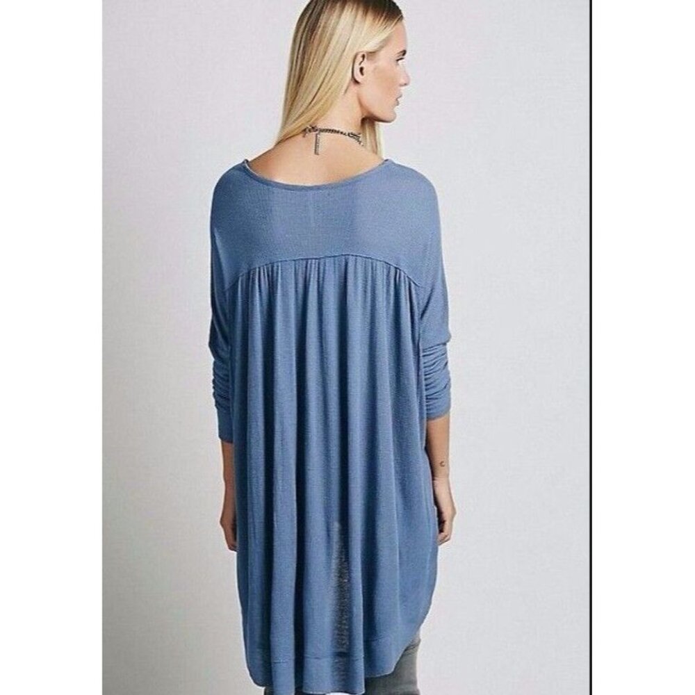NWT Free People Blue Oversized Long Sleeve Waffle Knit Henley Top - Picture 6 of 14